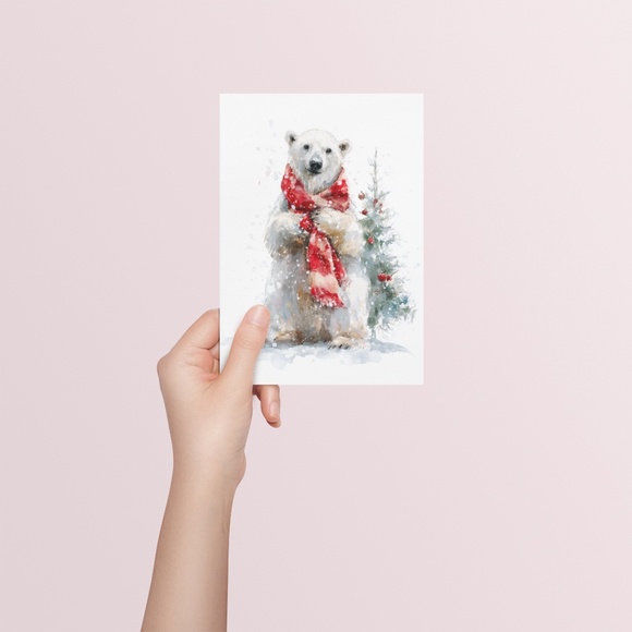 Watercolor Polar Bear with Red Scarf Portrait Wall Art Print Poster, Unframed - Picture 5 of 5